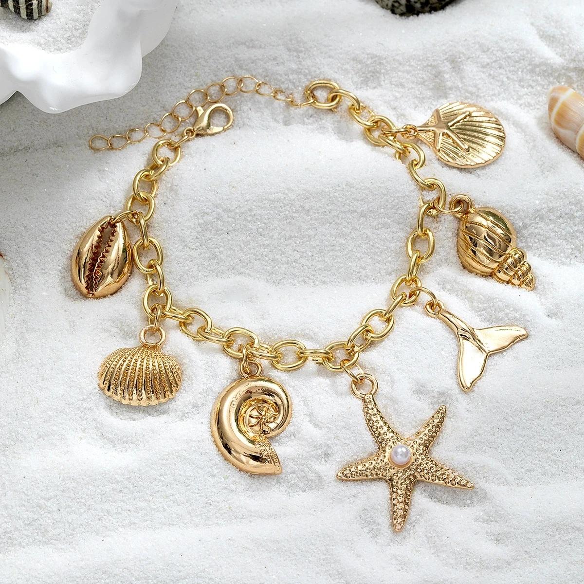 

Bohemian Summer Style Bracelet For Women Metal Starfish Shell Scallop Mermaid Charm Bangle Female Fashion Beach Vacation Jewelry золотой
