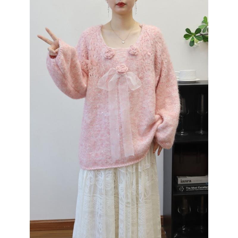 Autumn and winter new medium and long three-dimensional flower bow sweet knitted sweater top loose sweater pullover woman