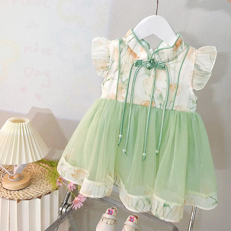 Summer  Baby Girl Dress Chinese Style Young Children's Clothing Short Sleeve Mesh Infant Kids Costume