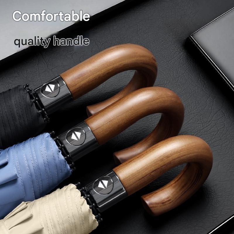 Fully Automatic Curved Hook Wooden Handle Umbrella Enlarged Thickened Black Glue Three-fold Wind Rain Resistan Business Umbrella