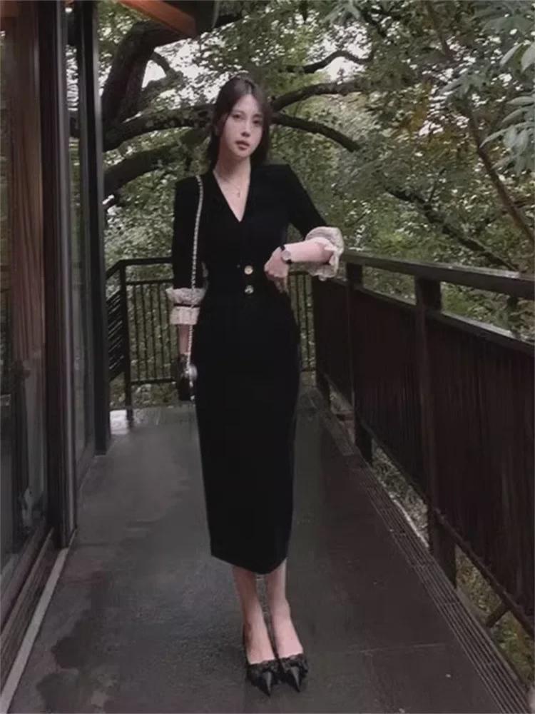 Vestido de Terciopelo Negro Estilo Hepburn Francés Ceñido a la Cintura de Lujo Ligero para Mujer
