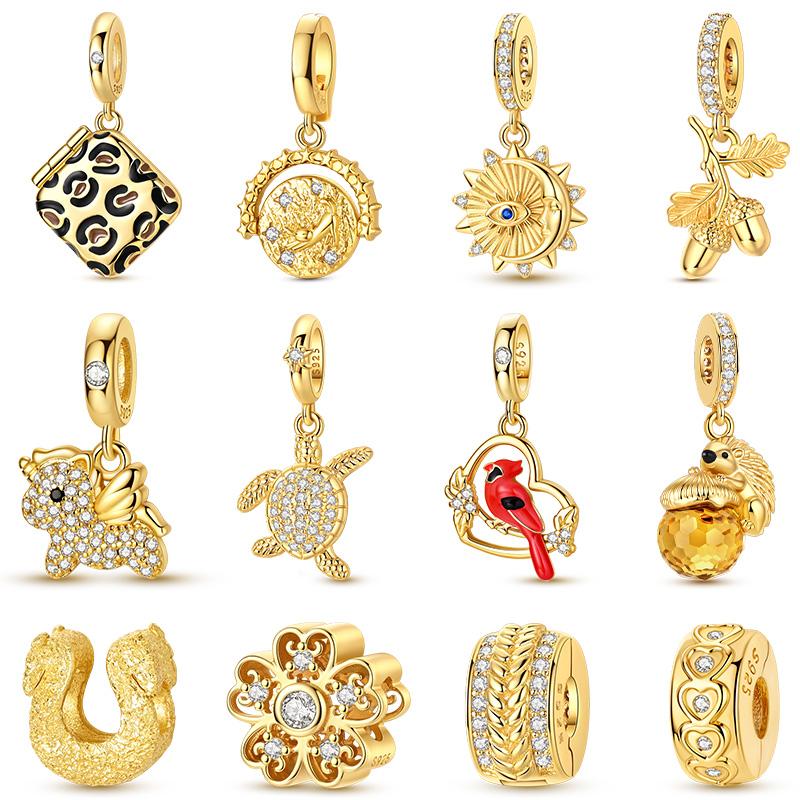 925 Silver Golden Series Squirrel Horseshoe Cross Star Charms Beads For Women Fit Bracelet DIY Jewelry Gifts