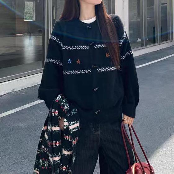 Korean Style Soft Knit Cardigan for Women - Fluffy Horn Button, Retro Embroidery, Lazy Style Sweater for Autumn/Winter