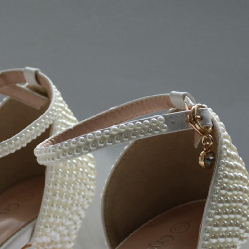 High Heel Sandals White One-liner Buckle Shoes Thin Heel Fish Mouth Roman Sandals White Pearl Sandals