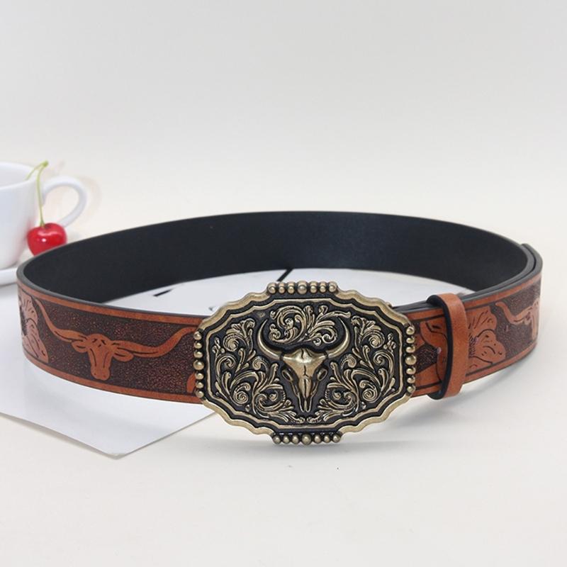 Embossed Pattern Wasitband Adjustable Belt For Daily Use And Outdoor Activity with Metal Bull Head Buckles for Men Women