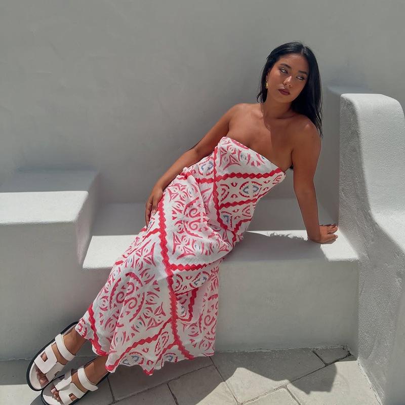 Women Clothing New Summer Printed Loose Casual Sexy Strapless Gown Beach Vacation Skirt