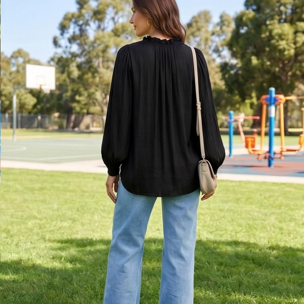 Women's Satin Blouse with Ruffle Trim V-Neck Loose Fit Puff Sleeves for Casual Wear