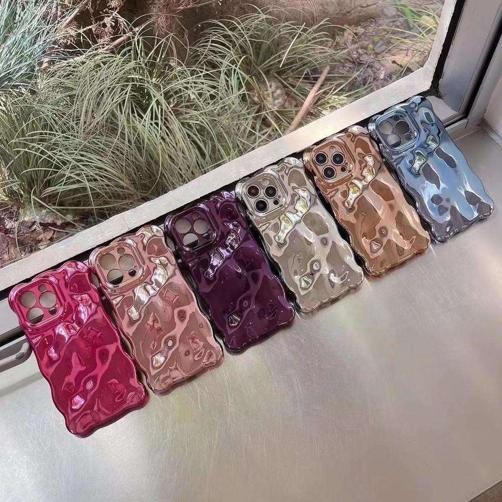 Luxury Plating Wrinkle Wavy Curly Edge Phone Case For iPhone 15 12 13 14 ProMax 3D Unevenness Soft Camera Protection Cover Electroplated Bubble Wave