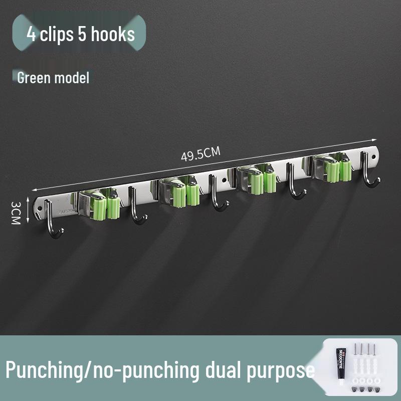 Stainless Steel Punch-Free Mop Holder with Black & Green Clips for Bathroom or Balcony Storage