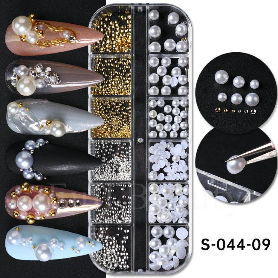 Nail Art Jewelry, Maillard Color Pearl Flat-Bottomed Diamond Steel Ball Diy Nail Jewelry Mixed
