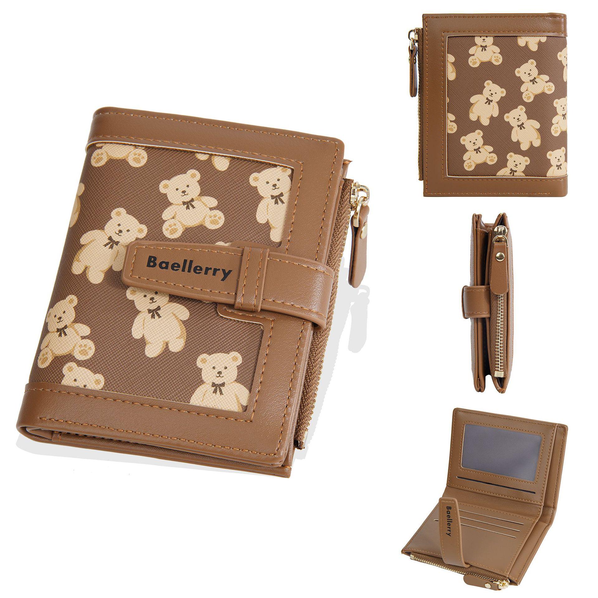 Женский высококачественный мультяшный мишка из ПУ кошелька - Короткий кошелек на молнии для студентов коричневый