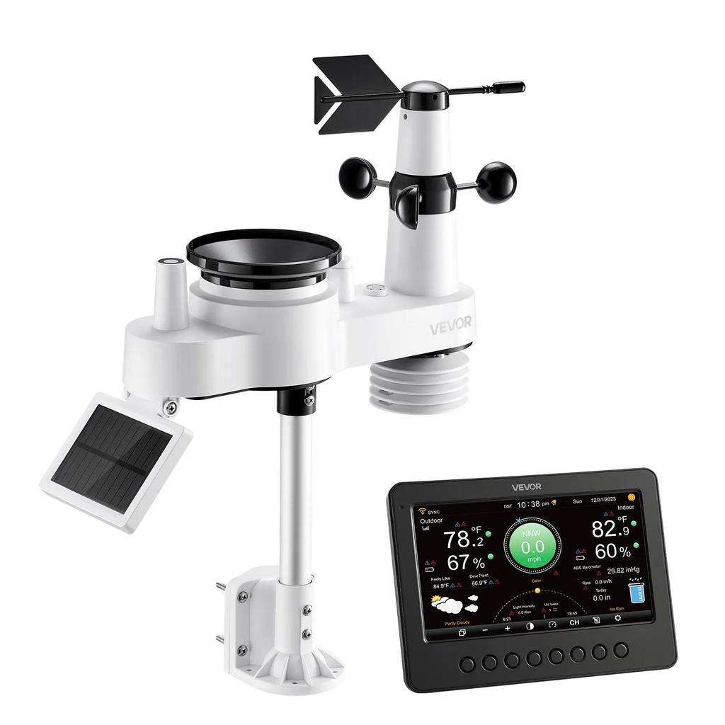 VEVOR 7-in-1 Wi-Fi Weather Station, 177.8 mm TFT Display, Wireless Solar Powered Outdoor Sensor, Rain Gauge, Indoor Outdoor for Weather Forecast