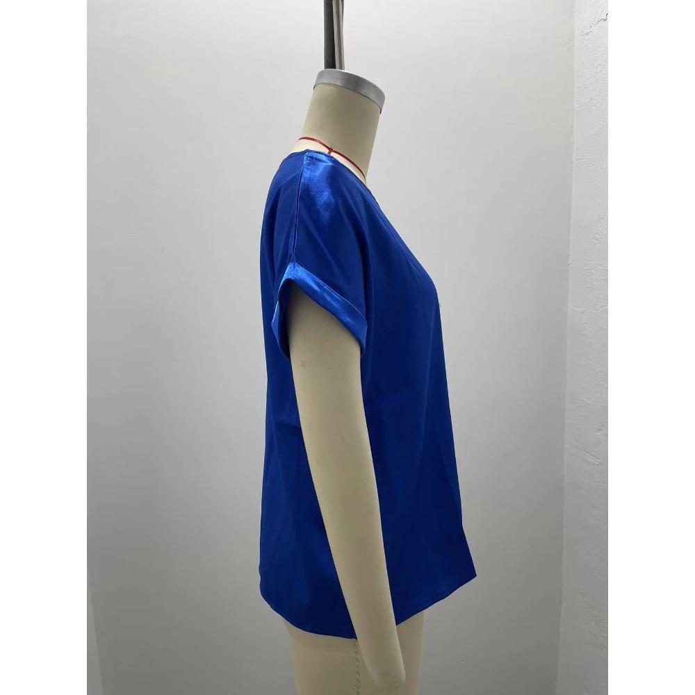 Summer OL Elegant Satin Pullover Round Neck Straight Loose Women T-shirt