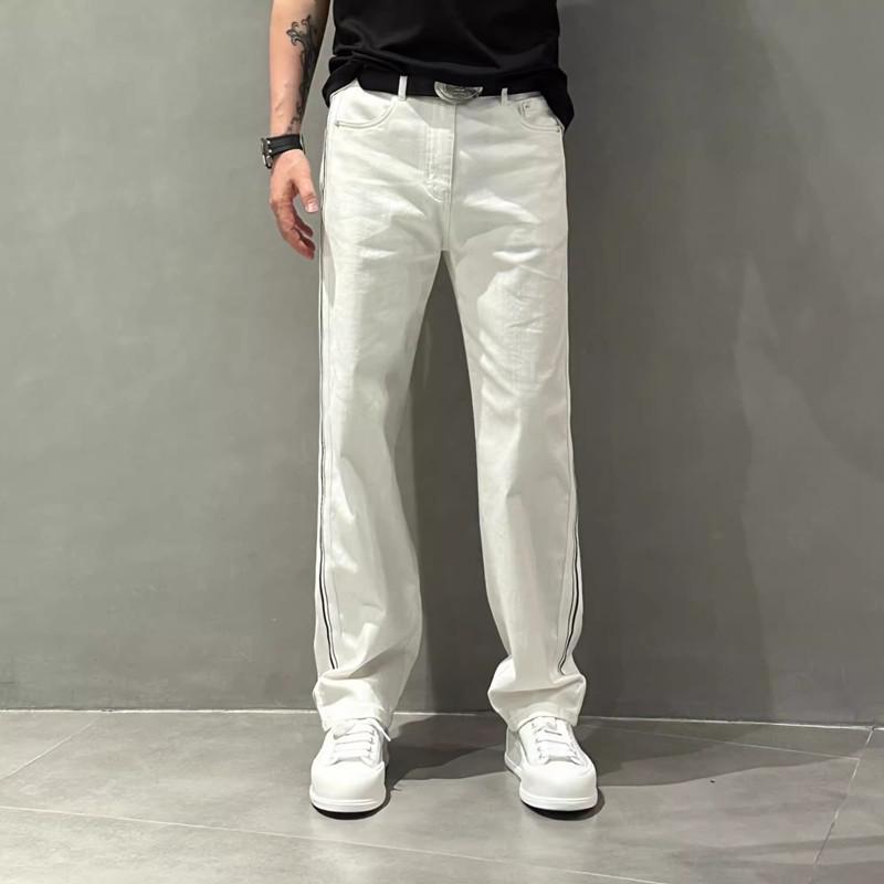 Men's Summer Wide-Leg Striped Stitching Casual White Jeans
