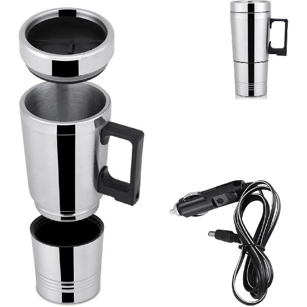 300ml Car Electric Tea Kettle, 12V Stainless Steel Electric In-car Travel Heating Cup Car Water Heater Travel Portable Heating Cup with Lid for Most