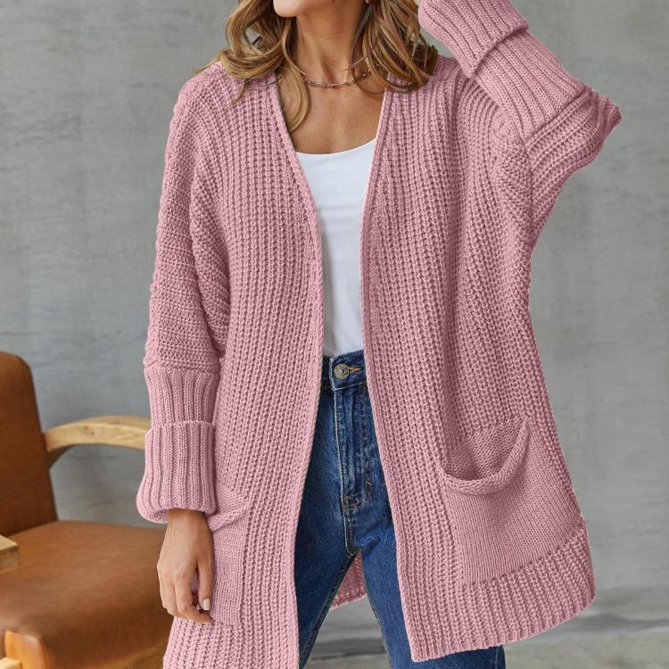 Women Fashion Soft Oversize Knit Cardigan Long Sleeve V Neck Casual Loose Mid Sweater Solid Breathable Coat with Pocket Simple Elegant