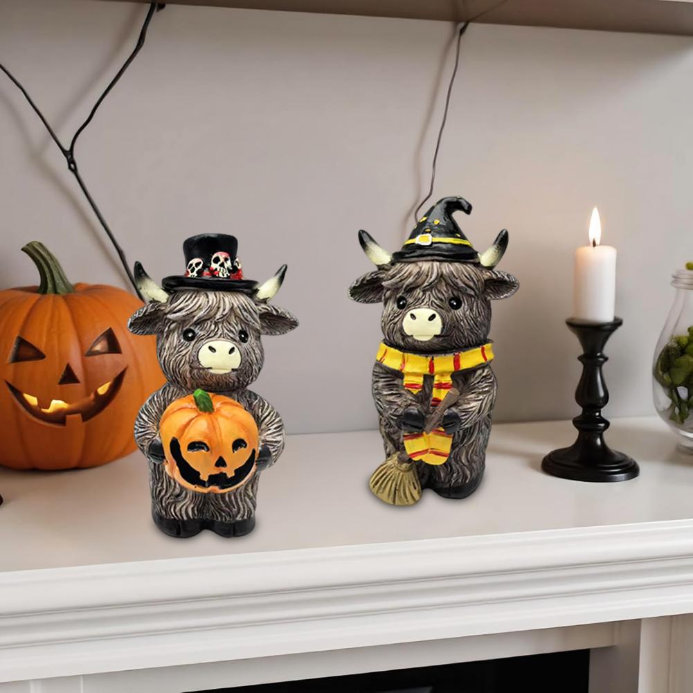 Handgefertigte Hochlandrind-Skulptur Hochlandkuh-Figuren Herbstkürbis Ahorn Halloween-Zwerge Harzstatuen für Thanksgiving
