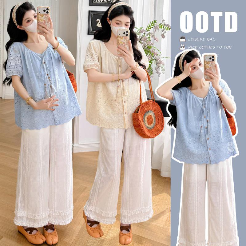 Summer 2026 Korean Crochet Loose Shirt & Textured White Pants Set XL