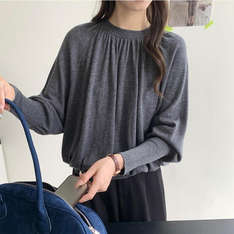 Merino Quan Wool Pleated Design Crew Neck Bat Sleeve Knitted Sweater Women's Simple Temperament Pullover with Bottoming Shirt