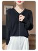 Sheer Sleeve V-Neck Knitwear: Spring/Summer Hollowed-Out Women’s Versatile Base for Elegant Mom Style