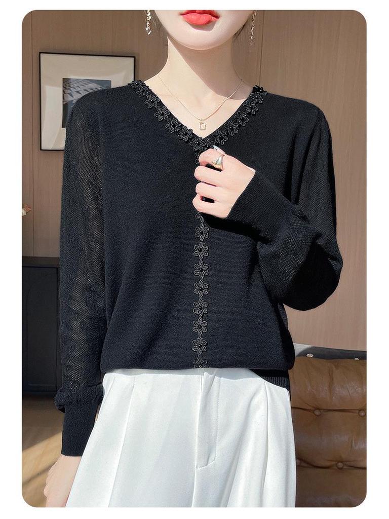 Sheer Sleeve V-Neck Knitwear: Spring/Summer Hollowed-Out Women’s Versatile Base for Elegant Mom Style