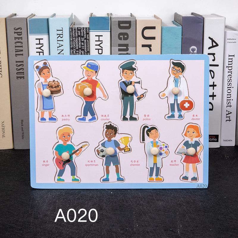 Non-Toxic Montessori Wooden Puzzles Hand Grab Boards Toys Tangram Jigsaw Baby Educational Toys Cartoon Vehicle Animals Fruits 3D Puzzles