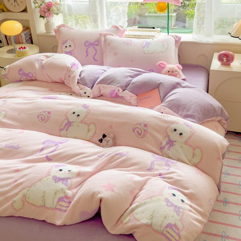 Thickened Milk Fleece Four-Piece Set, Coral Flange Double-Sided Fleece Quilt Cover, Bed Sheet, Bed Hat Three-Piece Set