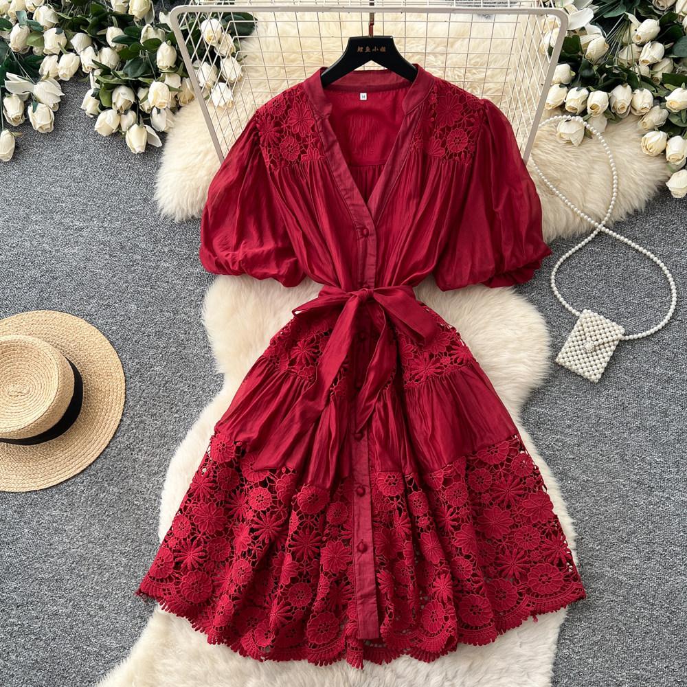 French heavy industry lace V-neck bubble sleeve dress women's summer red strap waist thin A-shaped skirt