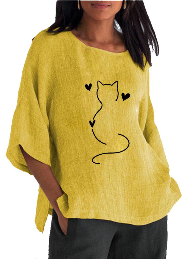 Mode Femme Chemise Imprimée Col Rond Printemps&été Haut Manches Longues 3/4 Blouse Coton Lin Dames