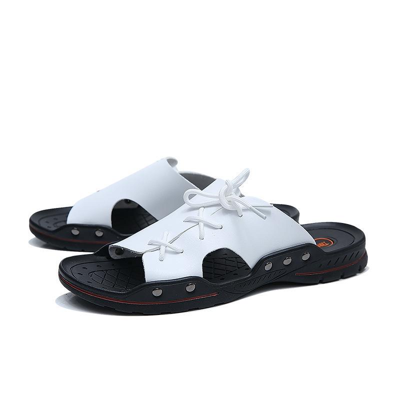 2019 summer one-pedal cowhide sandals Korean version leather one-word slippers outdoor non-slip beach shoes size 45 39