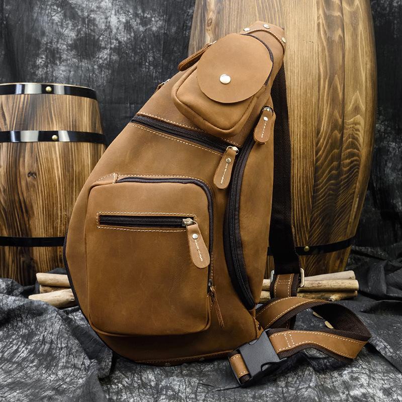 Borsello Esplosivo Retro in Pelle Crazy Horse da Uomo, Semplice Borsa a Tracolla in Vera Pelle, Marsupio Multifunzione da Petto per Uso Esterno