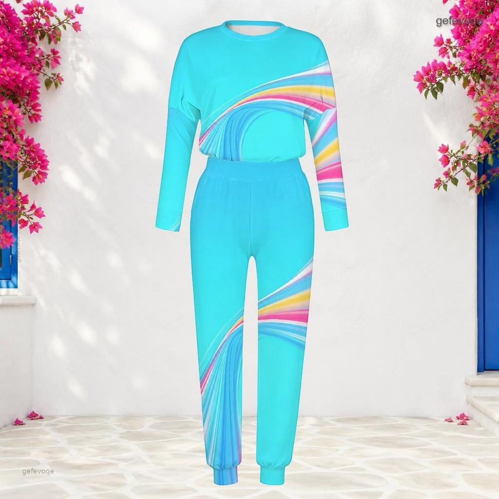 Women Plus Size Printed Turquoise Blue Round Neck Long Sleeve Top Cuffed Pants Two Piece Set With Pockets