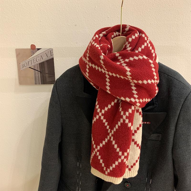 Scarf for Girls New Winter Double Sided Versatile High-end Warm and Thickened Wool Knitted Plaid Scarf Trendy