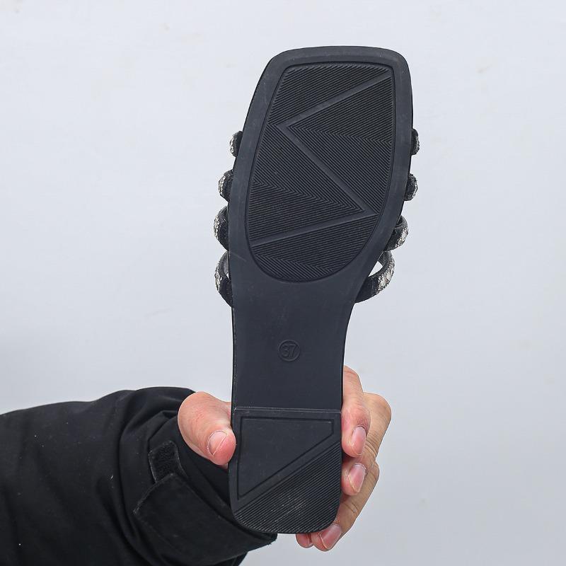 Fashion Summer New Sandals Women's Fashion Square Head Open-toed Rhinestone Hollow Breathable Soft Sole Non-slip Flat Slippers