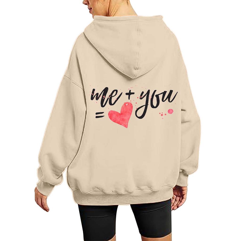 Women Plush Sweatshirt Solid Color Letter Print Kangaroo Pocket Drawstring Print Hoodie