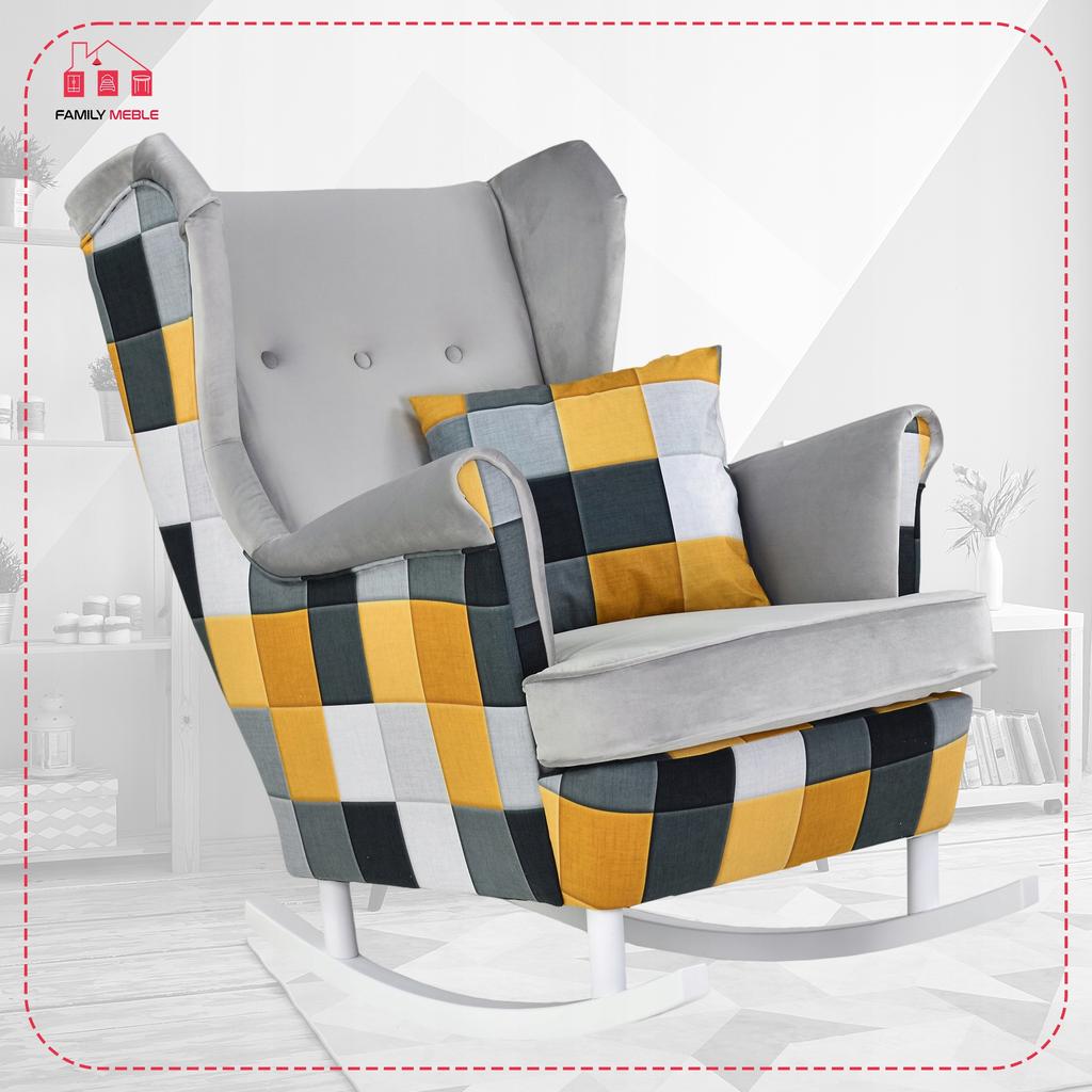 Fotel uszak Ari Print Duo bujany skandynawski Family Mebl kratka żółta