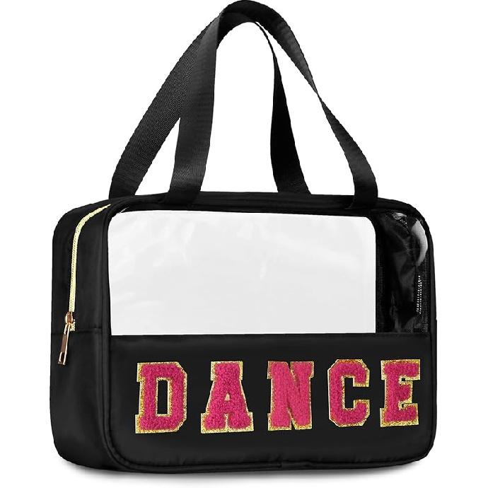 Chenille Letter Patch Clear Travel Bags, Preppy PVC&Nylon Makeup Bag with Handle and Zipper, Waterproof Large Clear Travel Toiletry Bag Storage Bag Dance-Black