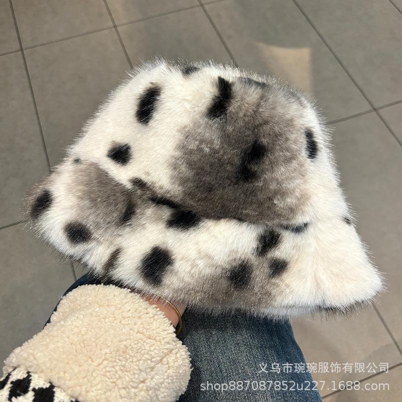 Stylish atmosphere imitation mink leopard print hairy bucket hat women autumn and winter big brim show face small Internet celebrity photogenic basin