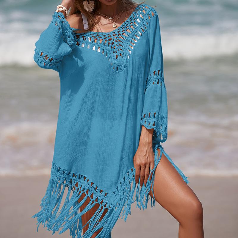 

Летние женские крючки на шее, однотонные, в стиле пэчворк, средней длины, с длинными рукавами, с длинной кисточкой, прозрачные, свободные, солнцезащитный крем, сексуальное пляжное накидка One Size синий