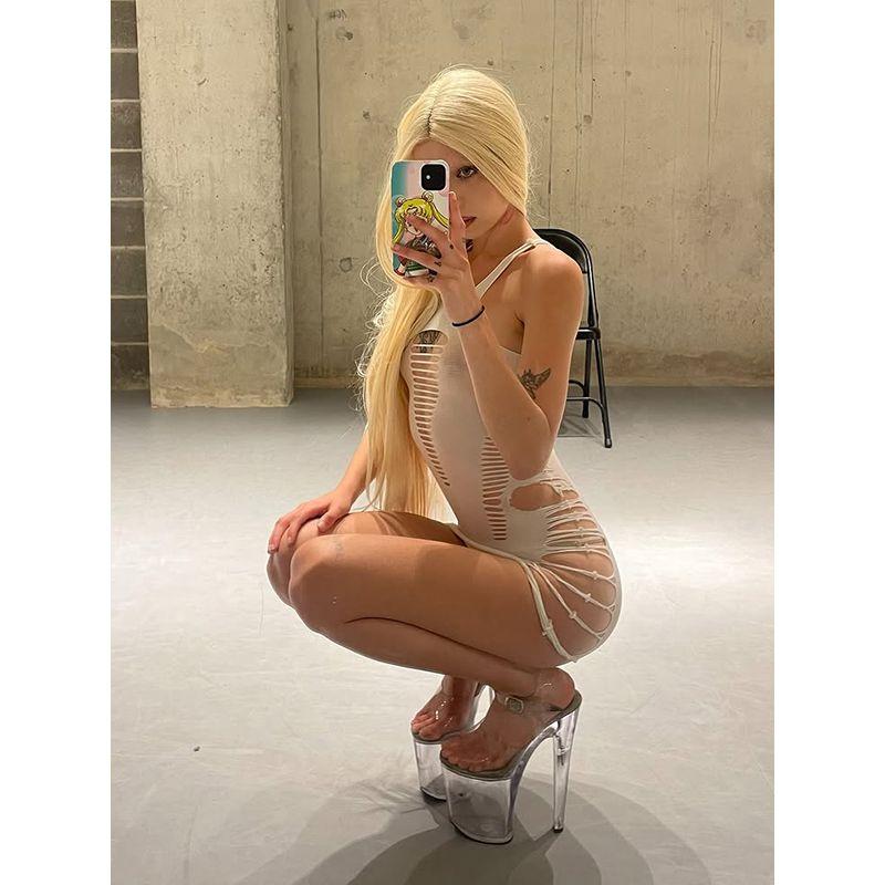 Kkx American Style Gyaru Round Neck Multi-Sided Hollow One-Piece Mesh Dress European and American Sexy Tight Fishing Net Sling Jumpsuit