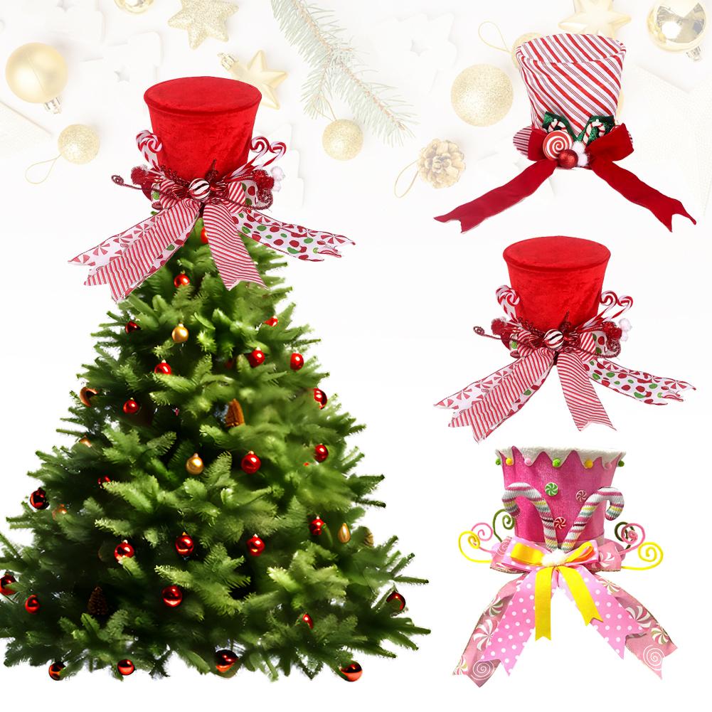 Roter Weihnachtsbaumspitzenhut mit Schleife, Zuckerstangendekoration, Winterfeiertagsbaumdekor