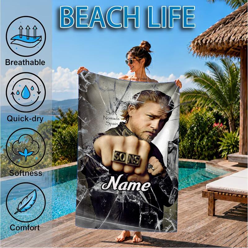 Custom Name Group Portrait Sons Heart In Space Adventure Microfiber Beach Towel, Lightweight for Summer Travel, Swimming Pool Fan Gift