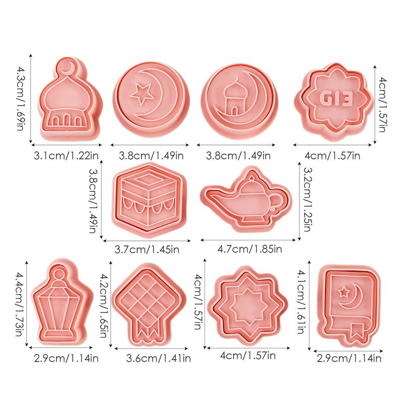10 Pcs Eid Mubarak Cookie Cutters Food Grade Materials Moon Star Pressable Biscuits Mold Cookie Stamp Kitchen Baking Tool