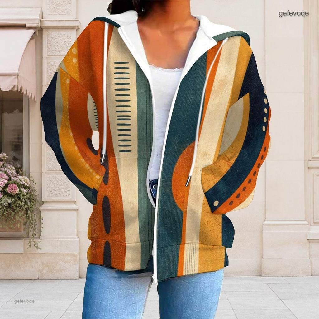 Women Plus Size Geometric Printed Zip Up Hoodie Long Sleeve Drawstring Hood With Pockets