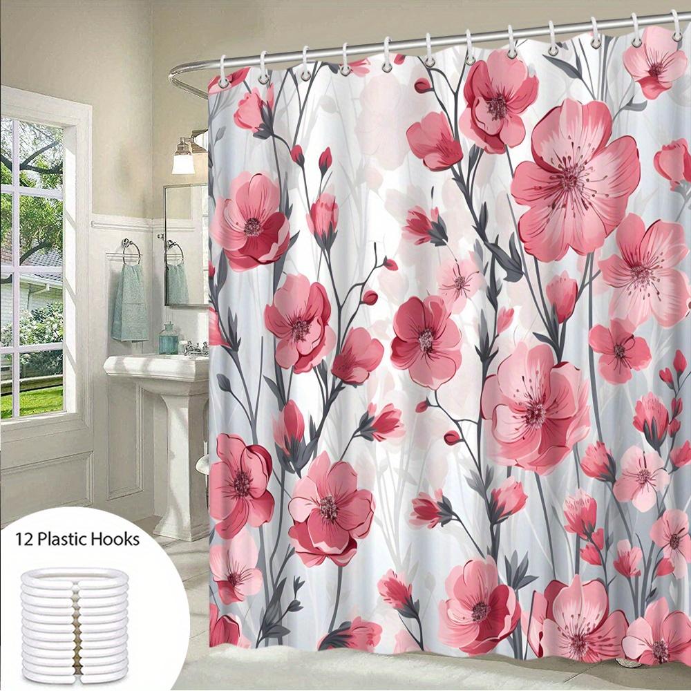1 Pink Cherry Blossom Shower Curtain - Ombre floral pattern, pink flowers and green leaves, polyester fabric, machine washable