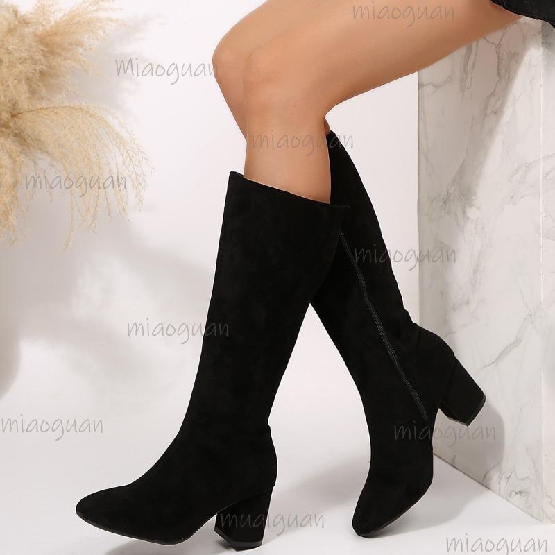 Autumn Winter Suede Women's Mid-Calf Boots Side Zipper Chunky Heeled Fashion Bottes Femmes Office Ladies Botas Altas Elegant