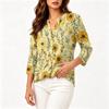 Vintage Floral Print Button Down Shirt Women Henley Neck Three Quarter Sleeve Linen Cotton Blouse Casual Lightweight Top