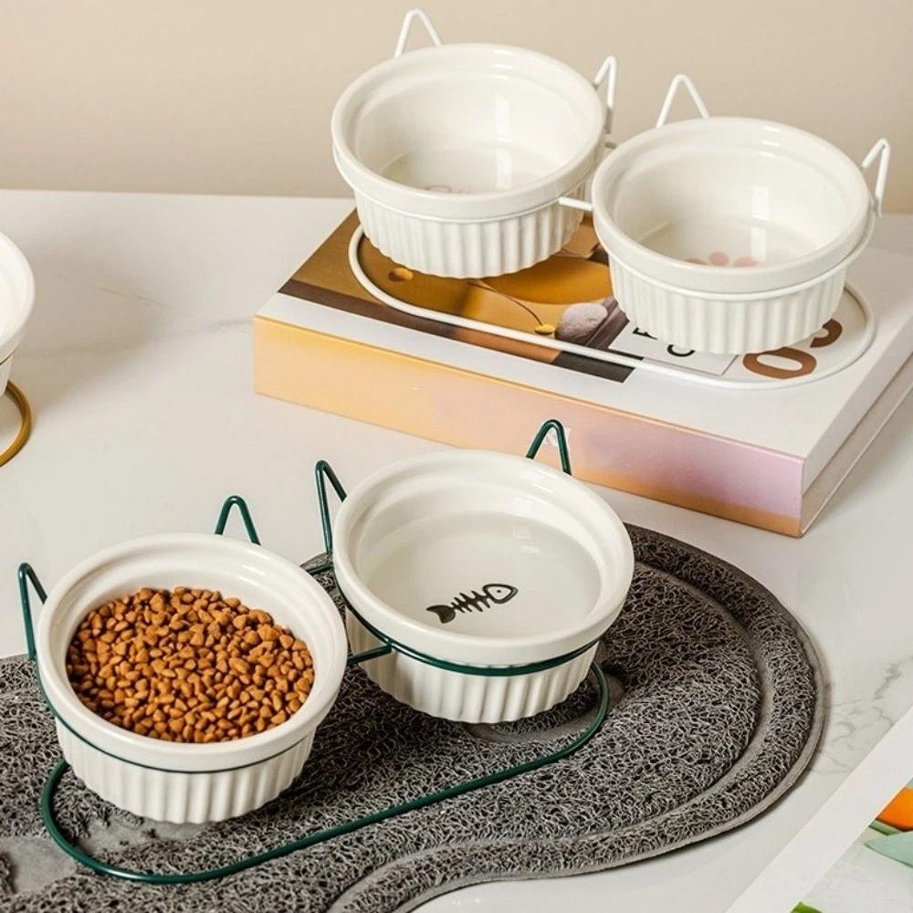 Non-Slip Ceramic Cat Bowls Iron Bracket Cat Water Bowls Elevated Cat Double Bowls  Dog Feeder