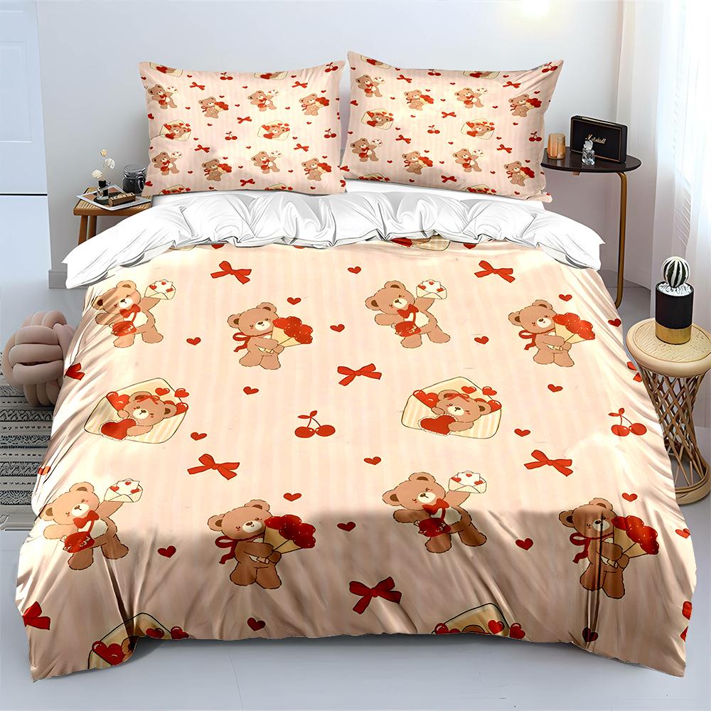 3PC Cute Teddy Bears and Hearts Print Bedding Set 1 Duvet Cover 2 Pillowcases for Adult and Children Luxury Gift Full Size