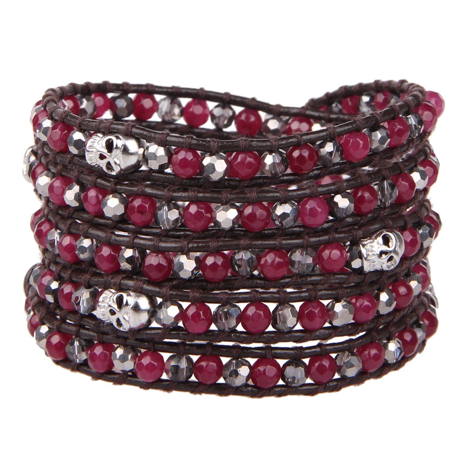 KELITCH Garnet Crystal Skull Bead 5-Wrap Bracelet Hand-Knitted New Fashion Jewelry (Red)